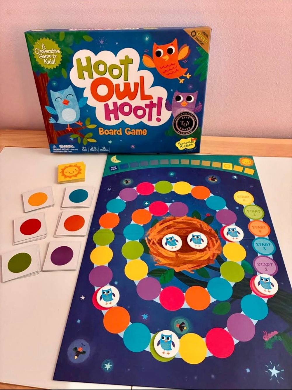 “Hoot Owl Hoot” Peaceable Kingdom kids’ cooperative board game, ages 4+